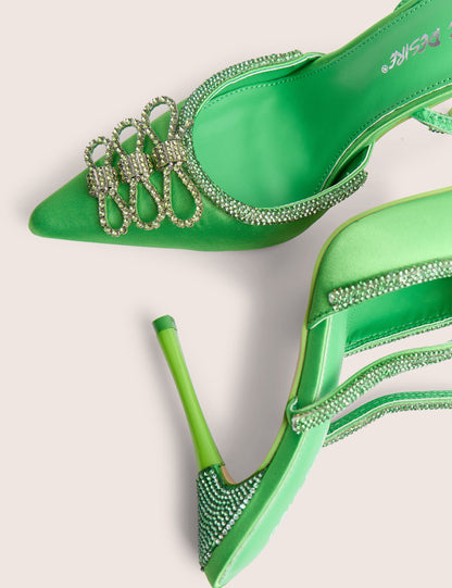 Twilight Green Satin Bow Embellished Court Heel with Embellished Heel