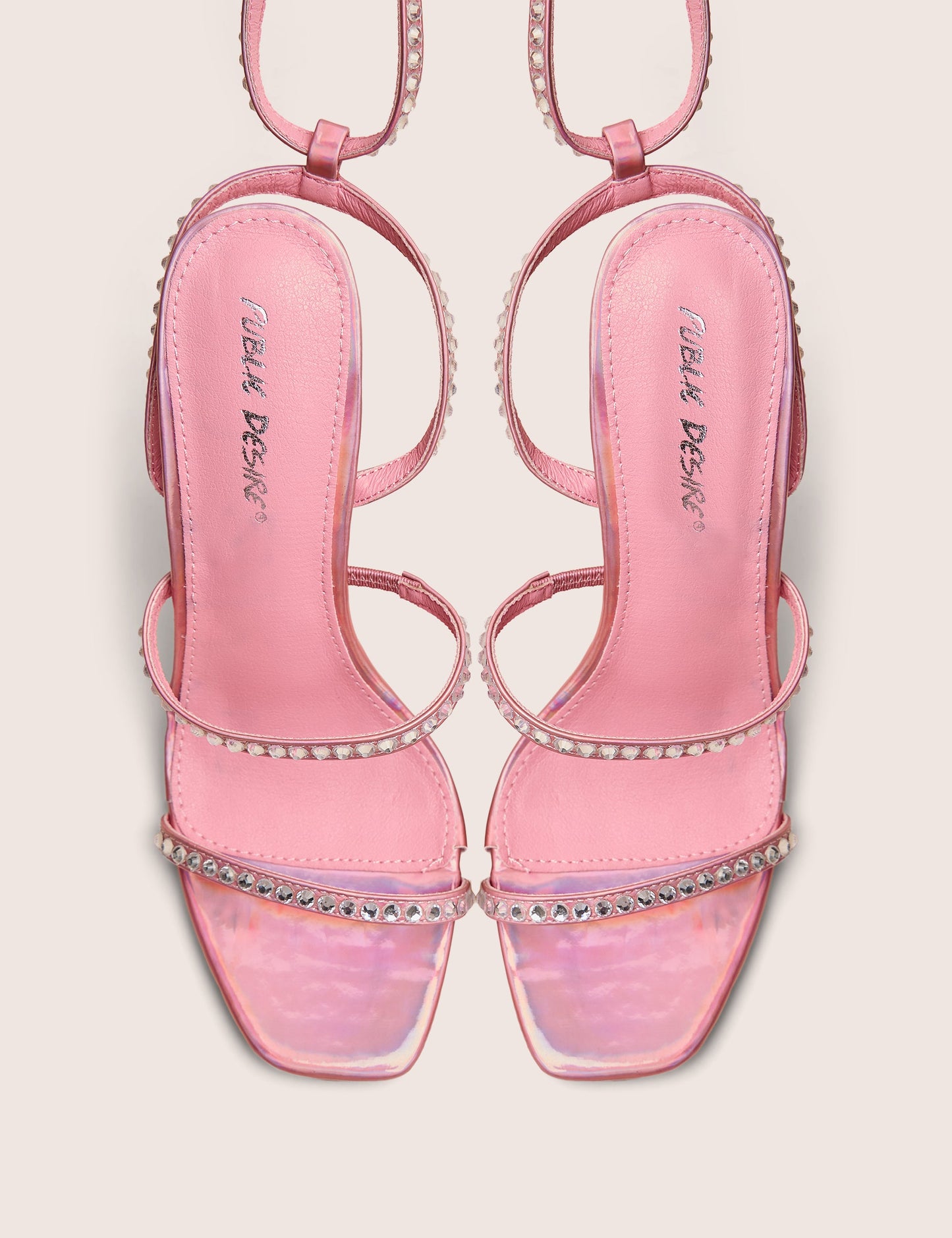 Ultra Chic Pink Diamante Strappy Square Toe Slim Block Illusion Heel