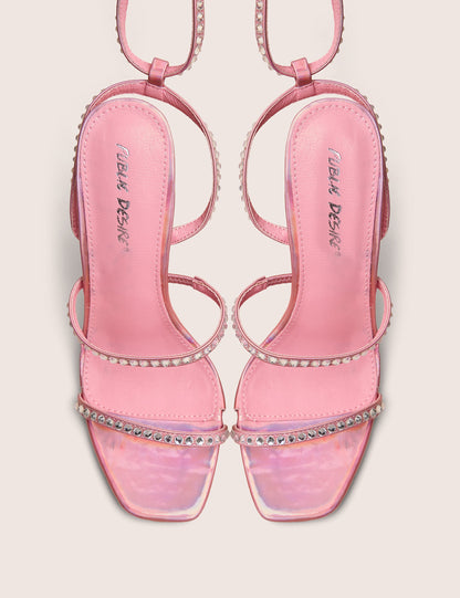 Ultra Chic Pink Diamante Strappy Square Toe Slim Block Illusion Heel