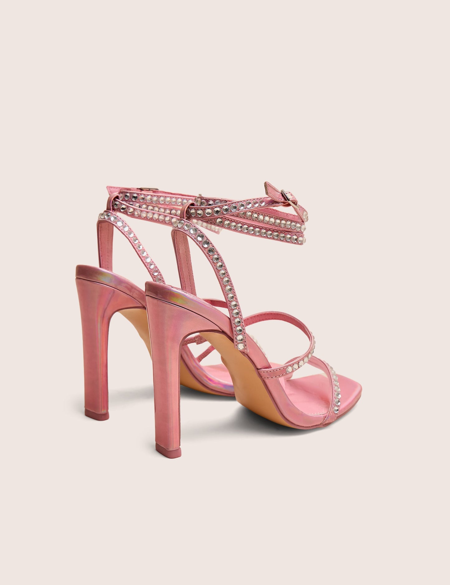 Ultra Chic Pink Diamante Strappy Square Toe Slim Block Illusion Heel