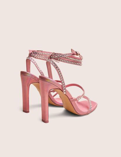 Ultra Chic Pink Diamante Strappy Square Toe Slim Block Illusion Heel