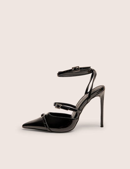 Viper Black Three Strap Buckle Detail Court Heels