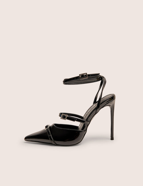 Viper Black Three Strap Buckle Detail Court Heels