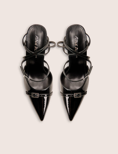 Viper Black Three Strap Buckle Detail Court Heels