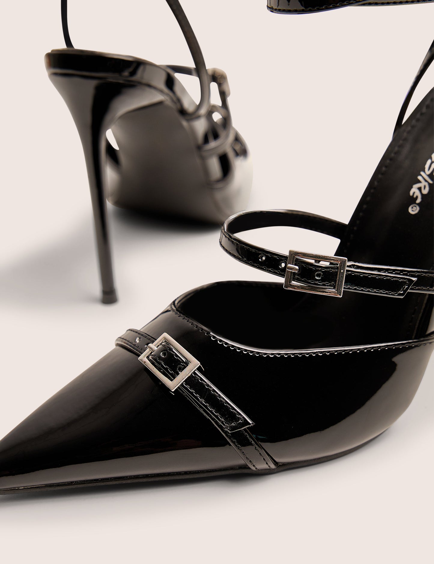 Viper Black Three Strap Buckle Detail Court Heels