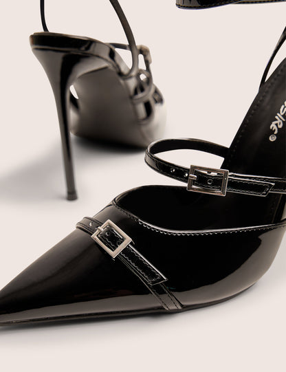 Viper Black Three Strap Buckle Detail Court Heels