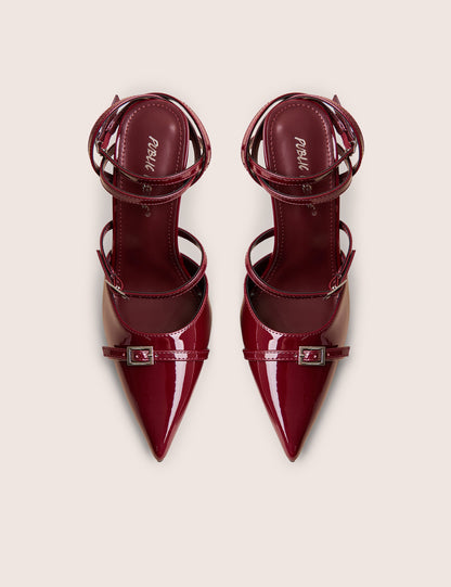 Viper Burgundy Three Strap Buckle Detail Court Heels